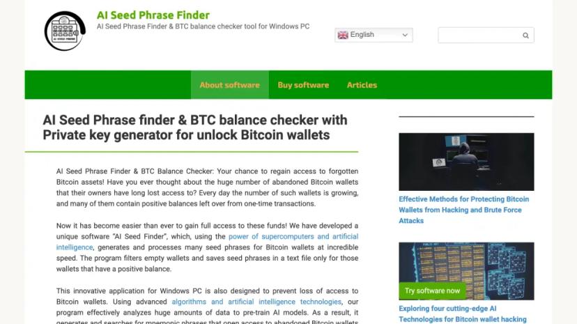 Screenshot of AI Seed Phrase Finder & BTC Balance Checker