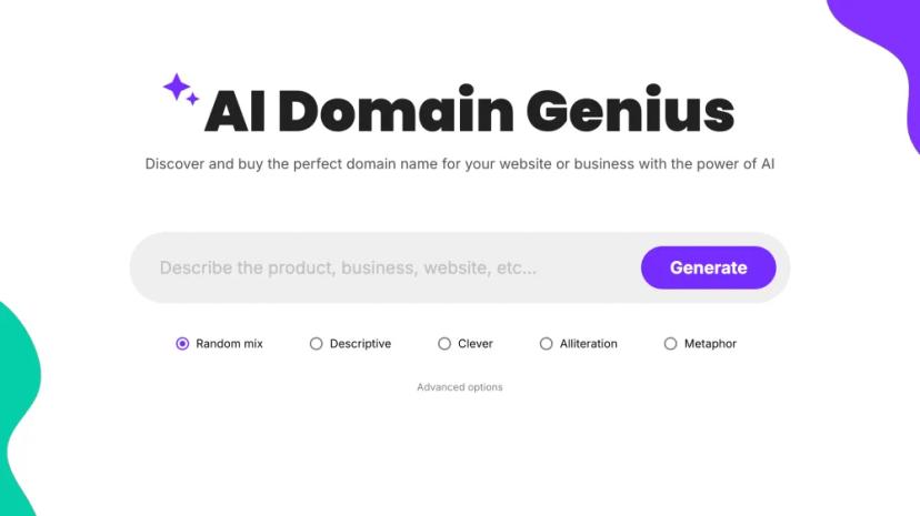 Screenshot of AI-Powered Domain Name Generator and Purchase Platform