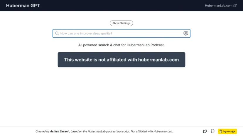 Screenshot of AI-Powered Search & Chat for HubermanLab Podcast