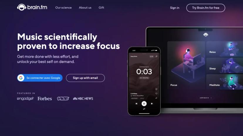 Screenshot of Brain.fm: AI-Powered Focus Music for Increased Productivity