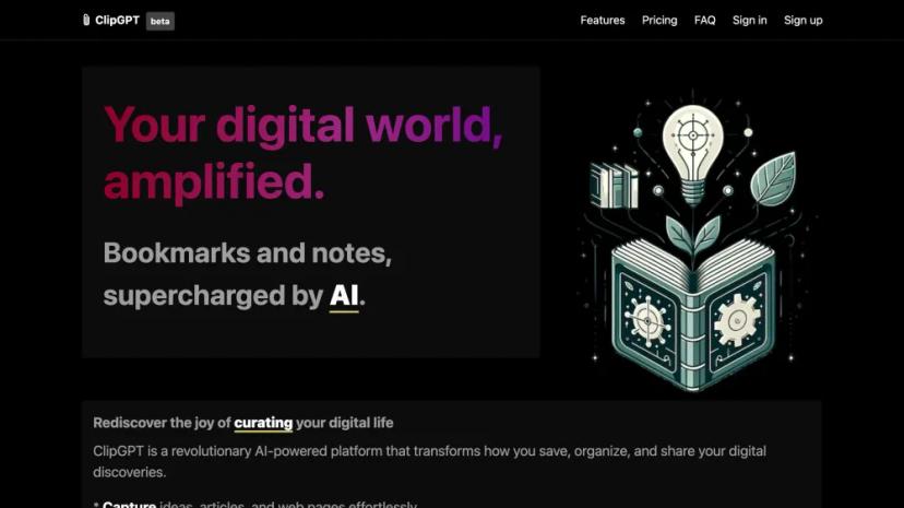 Screenshot of Supercharge Your Digital Life with ClipGPT, the AI-Powered Bookmarking and Note-Taking Platform