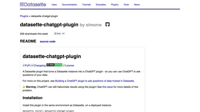 Screenshot of ChatGPT Plugin for Datasette