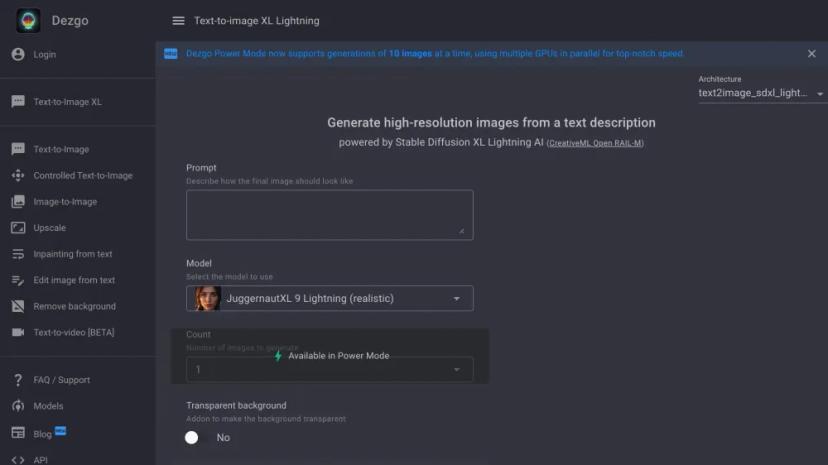 Screenshot of Text-to-image XL Lightning DEZGO