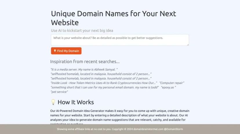 Screenshot of AI-Powered Domain Idea Generator