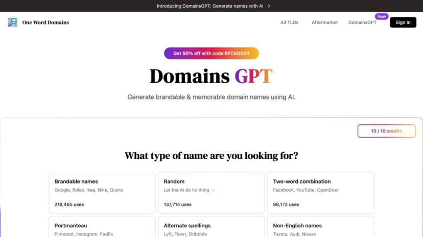 Screenshot of AI-Powered Domain Name Generator