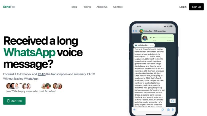 Screenshot of EchoFox - WhatsApp Voice Message Transcription and Summarization