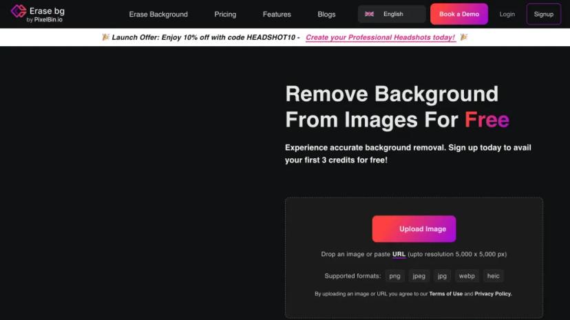 Screenshot of Erase.bg - AI Image Background Remover Tool