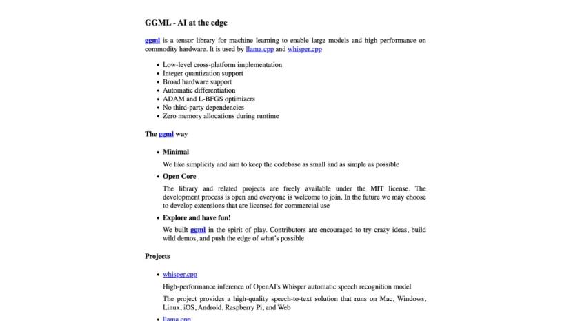 Screenshot of GGML - AI AT THE EDGE - Tensor Library for Machine Learning