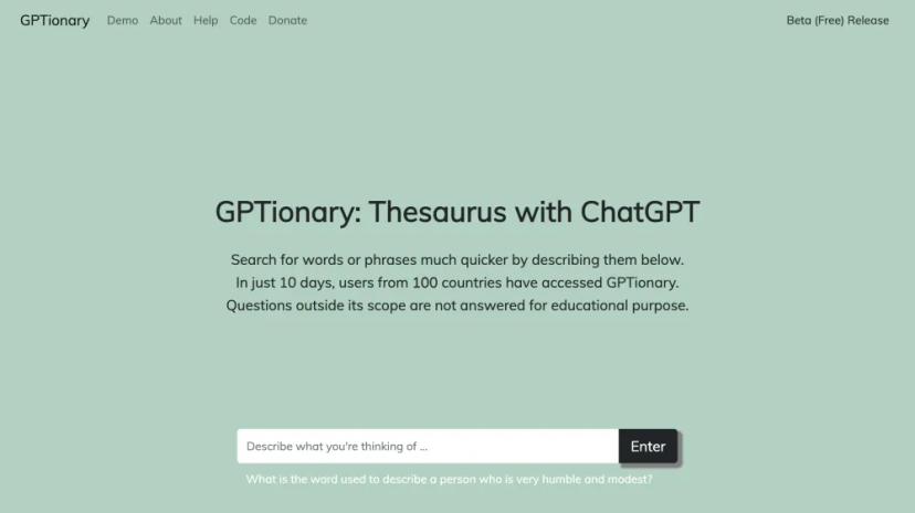 Screenshot of GPTionary: Thesaurus with ChatGPT Search