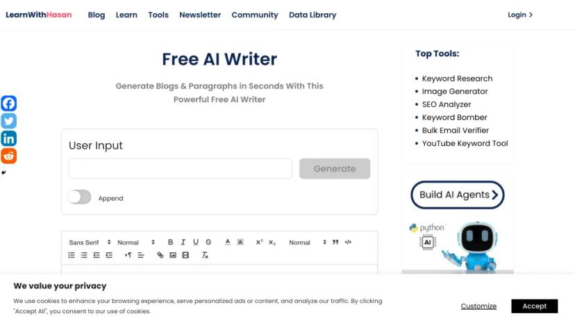 Screenshot of Free AI Writer Tool – Generate Blogs, Paragraphs, and Scripts Instantly