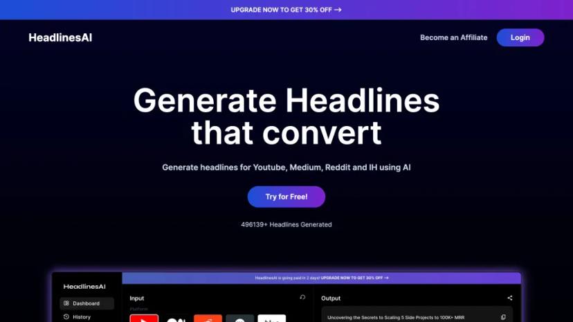 Screenshot of Generate Headlines with AI for Youtube, Medium, Reddit, and IH