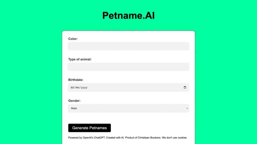 Screenshot of Generate Petnames Powered by OpenAi's ChatGPT