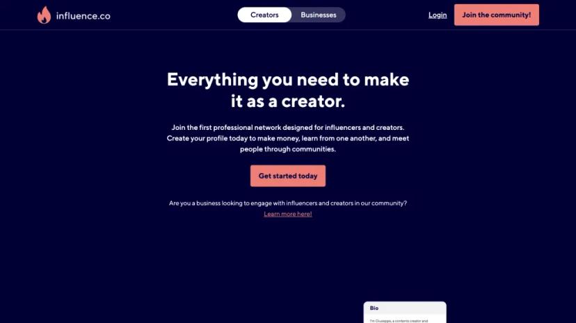 Screenshot of The Professional Network for Influencers and Creators