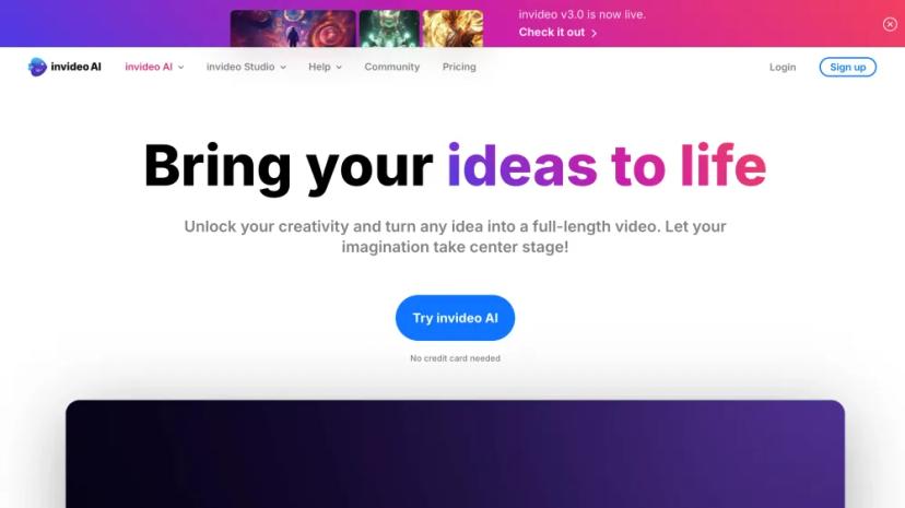 Screenshot of Invideo AI - Bring Your Ideas to Life with AI-Powered Video Creation