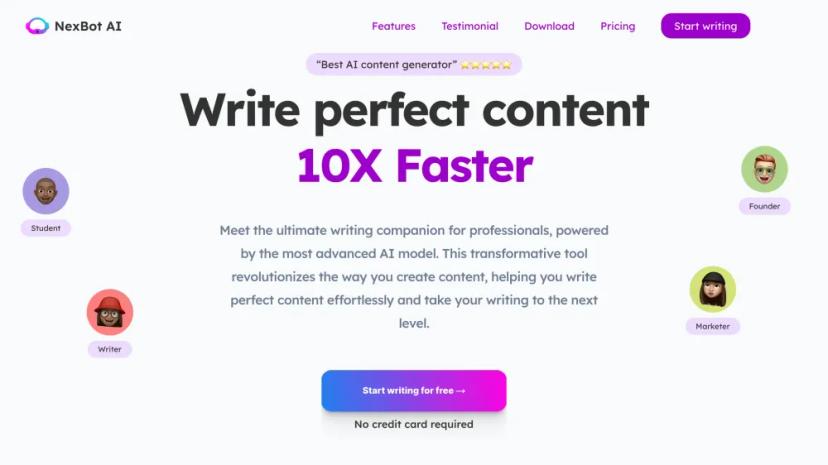 Screenshot of Write Perfect Content 10x Faster with NexBot