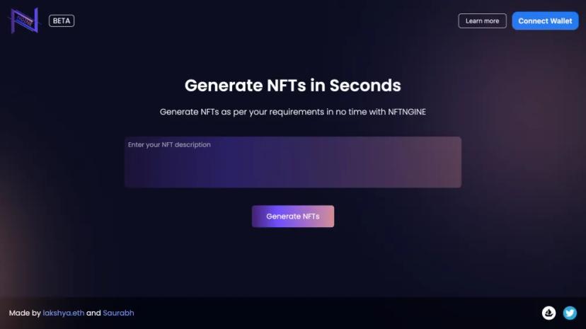 Screenshot of BETA Connect Wallet GENERATE NFTS IN SECONDS