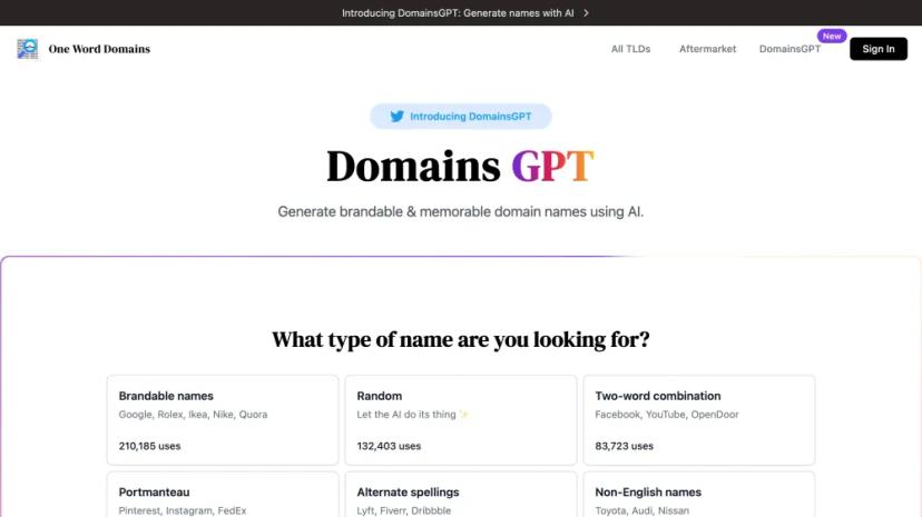 Screenshot of AI-Powered Domain Name Generator