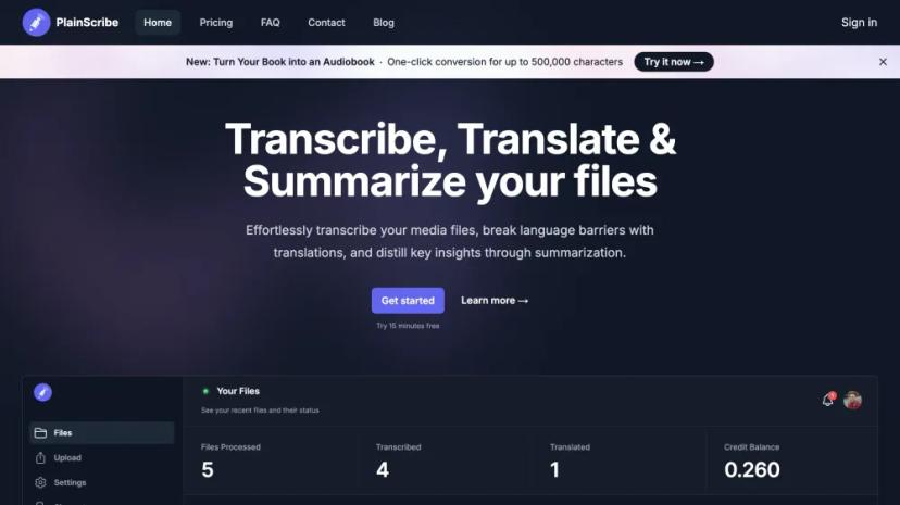 Screenshot of Effortlessly transcribe, translate, and summarize your files with AI