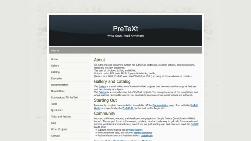 Screenshot of PreTeXt: Authoring and Publishing System for STEM Textbooks and Research Articles