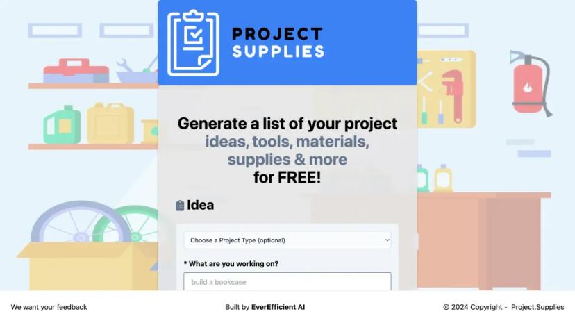 Screenshot of Generate a List of Your Project Ideas, Tools, Materials, Supplies & More for Free