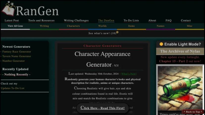 Screenshot of AI Character Appearance and Description Generator