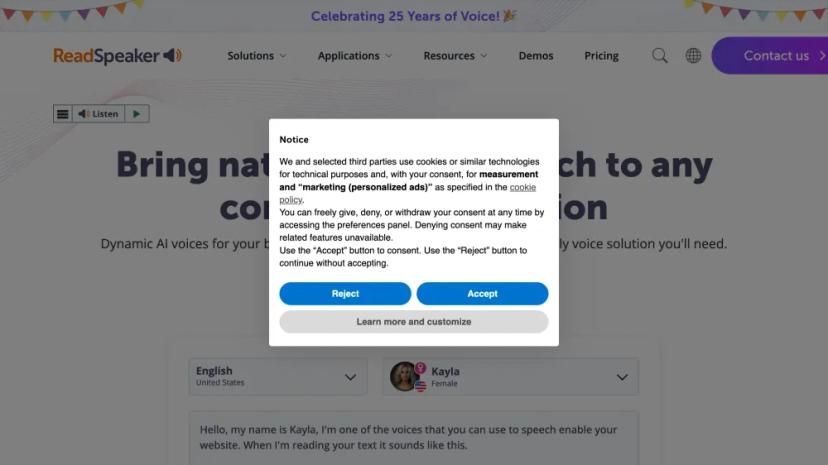 Screenshot of ReadSpeaker: Dynamic AI Voices for Your Business