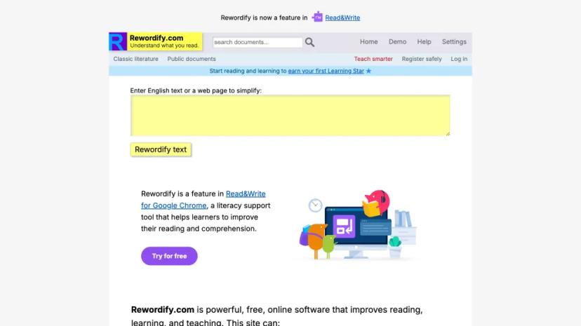 Screenshot of Rewordify.com - Simplify English, Improve Reading, and Enhance Comprehension with AI