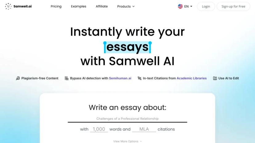 Screenshot of Instantly Write Plagiarism-Free Essays with Samwell AI