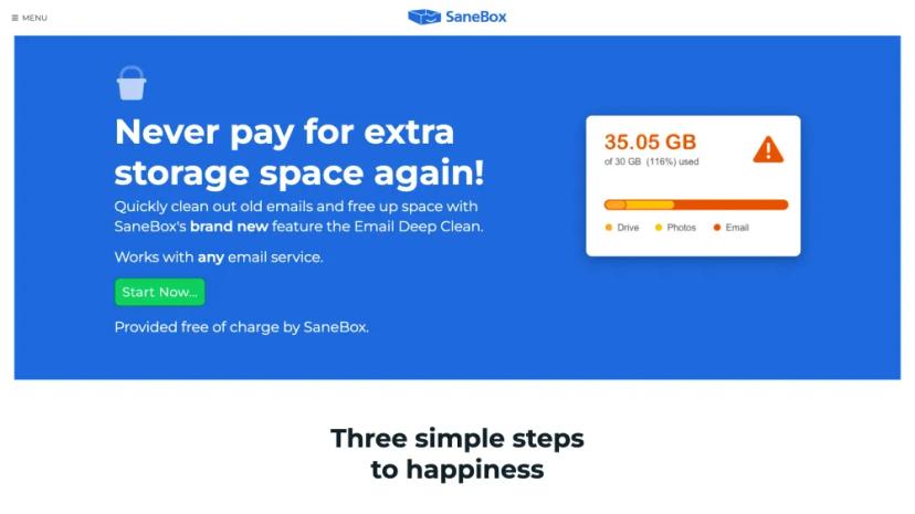 Screenshot of Clean up Your Email Storage with SaneBox's Email Deep Clean Feature