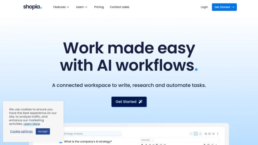 Screenshot of Automate Work Tasks with AI-Powered Tools - Shopia