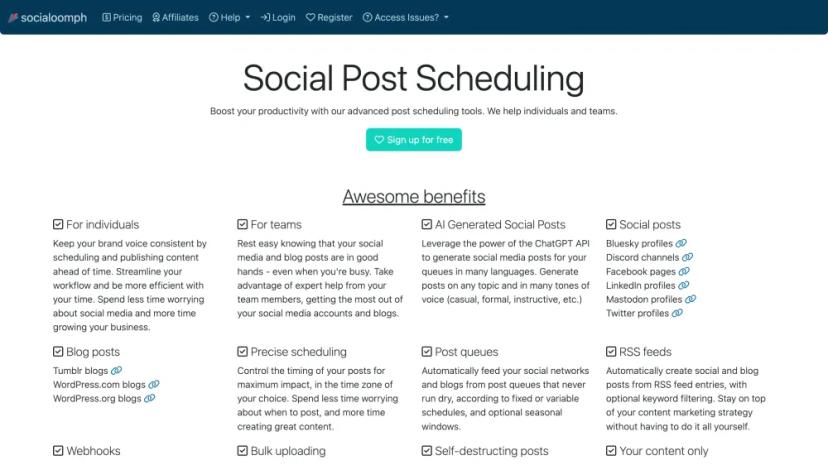 Screenshot of SocialOomph - AI-Enhanced Social and Blog Post Scheduling