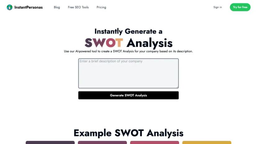 Screenshot of AI-powered SWOT Analysis Generator for Your Company