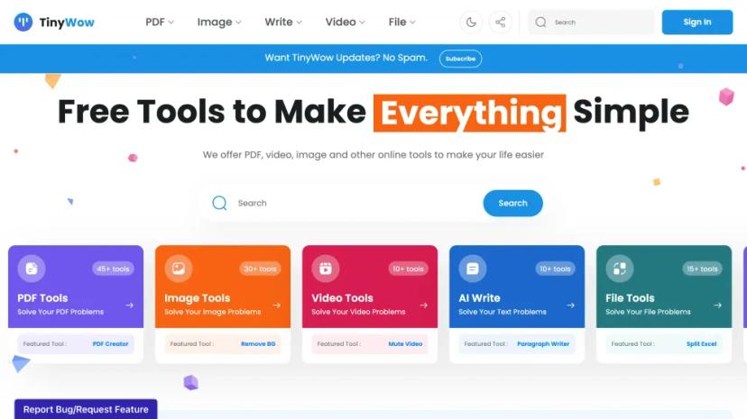 Screenshot of Free Online AI Tools for PDF, Video, Image, and More