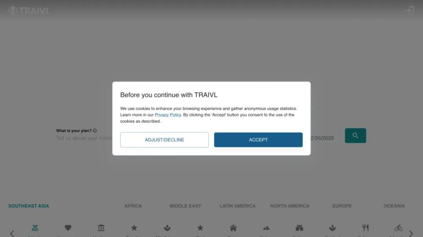 Screenshot of Find, Plan, and Book Your Perfect Getaway with TRAIVL