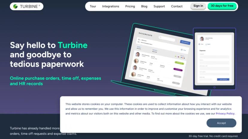 Screenshot of Automate Purchase Orders, Time Off, Expenses, and HR Records with Turbine