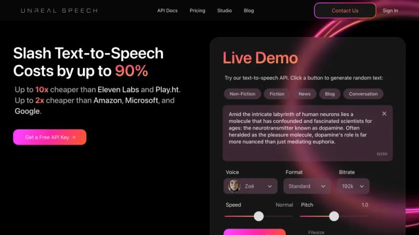 Screenshot of Unreal Speech: Transform Text to Natural-Sounding Speech