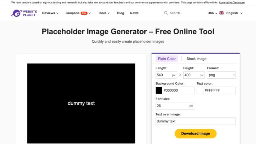 Screenshot of Create Dummy Images with Placeholder Image Generator