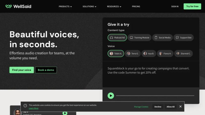 Screenshot of WellSaid Labs: AI Voice Creation Platform