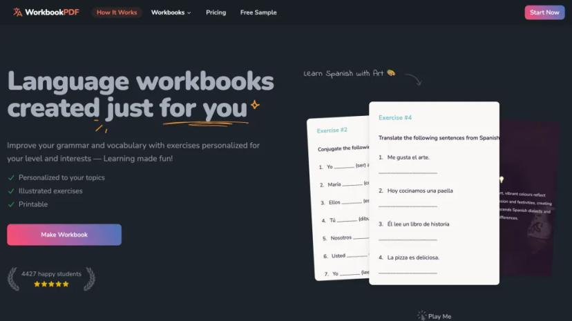 Screenshot of Personalized Language Learning Workbooks with AI Exercises