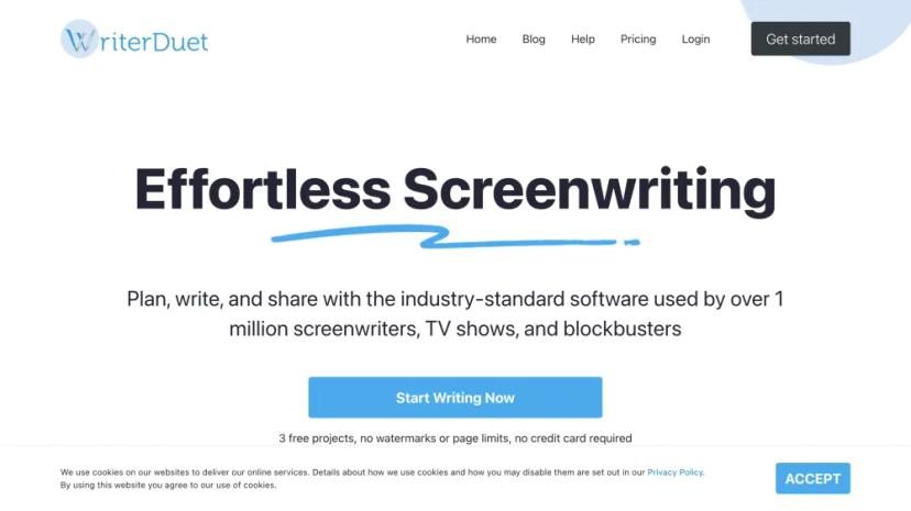 Screenshot of WriterDuet AI SaaS Landing Page