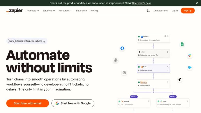 Screenshot of Automate Workflows Without Limits with Zapier